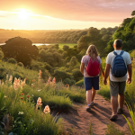 **A scenic view of a local nature reserve at sunset, showcasing diverse flora and fauna, with families exploring the environment.** (Focus: Natural beauty, family activities, environmental awareness)