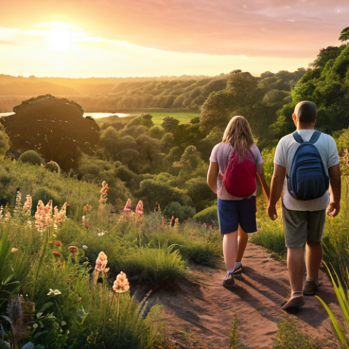 Home 13 **A scenic view of a local nature reserve at sunset, showcasing diverse flora and fauna, with families exploring the environment.** (Focus: Natural beauty, family activities, environmental awareness)