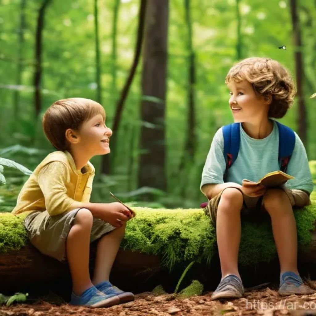 야외 교육과 인성 발달의 시너지 - **Prompt: Children Exploring a Forest with Curiosity**
"A vibrant, detailed illustration of a di...