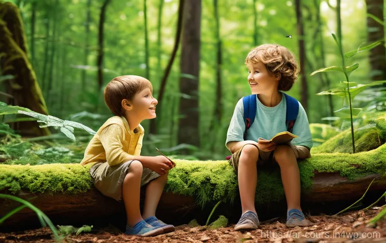 야외 교육과 인성 발달의 시너지 - **Prompt: Children Exploring a Forest with Curiosity**
"A vibrant, detailed illustration of a di...