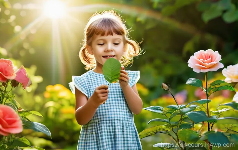 야외 학습에 적합한 과목 선정 - **Nature's Little Explorers:** A diverse group of children, aged 6-10, are in a sun-dappled, lush ga...