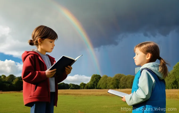 야외 학습에 적합한 과목 선정 - **Nature's Little Explorers:** A diverse group of children, aged 6-10, are in a sun-dappled, lush ga...