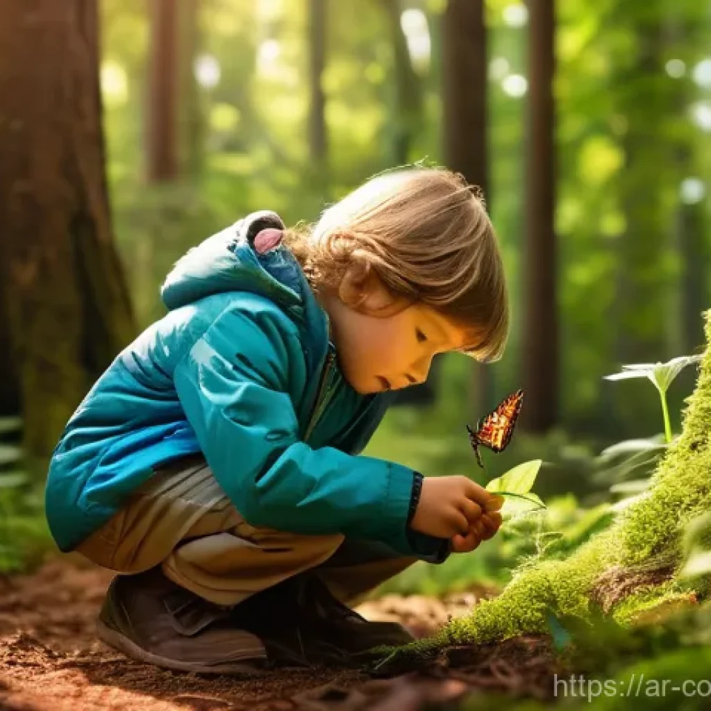야외 교육 프로그램의 장점 - **Prompt:** A diverse group of four children, aged 6-10, fully clothed in vibrant, practical outdoor...