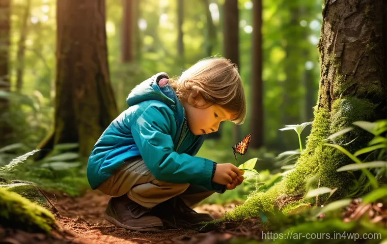야외 교육 프로그램의 장점 - **Prompt:** A diverse group of four children, aged 6-10, fully clothed in vibrant, practical outdoor...