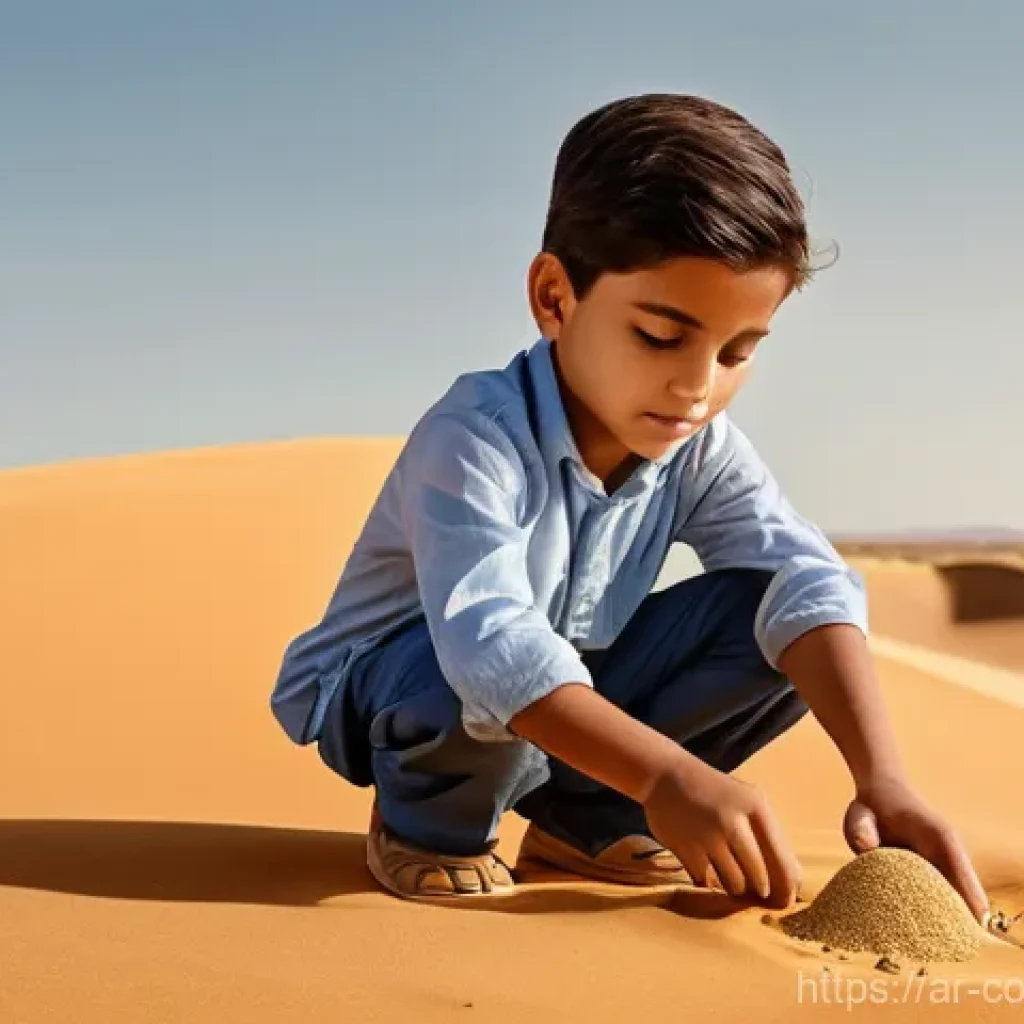 자연에서의 체험 학습 사례 - **Prompt:** A young Arab child, approximately 7 years old, with curious eyes, kneels gently on warm ...