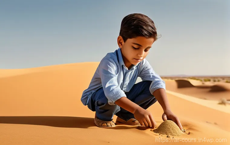 자연에서의 체험 학습 사례 - **Prompt:** A young Arab child, approximately 7 years old, with curious eyes, kneels gently on warm ...