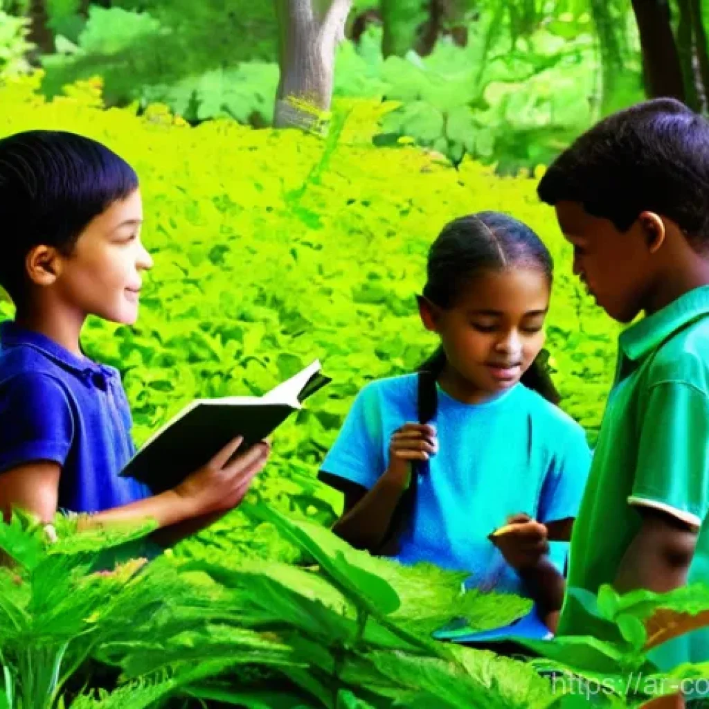 야외 학습을 위한 여행 계획 수립 - **Prompt 1: Outdoor Nature Exploration and Discovery**
"A group of diverse children, aged 8-12, ...