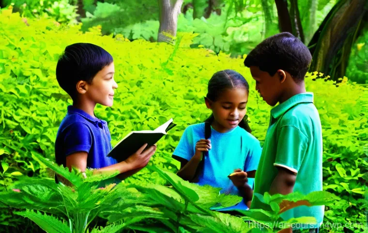 야외 학습을 위한 여행 계획 수립 - **Prompt 1: Outdoor Nature Exploration and Discovery**
"A group of diverse children, aged 8-12, ...