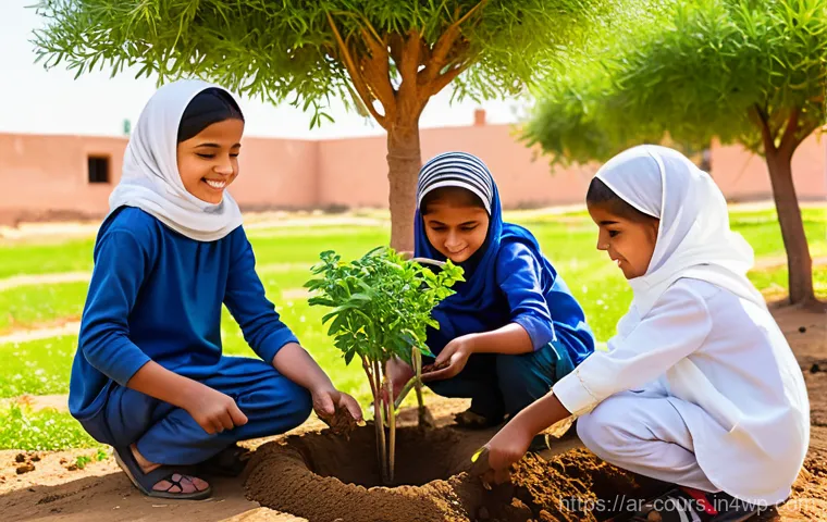 야외 학습의 기후 변화 교육 - Prompt 1: Children Planting in a School Garden**