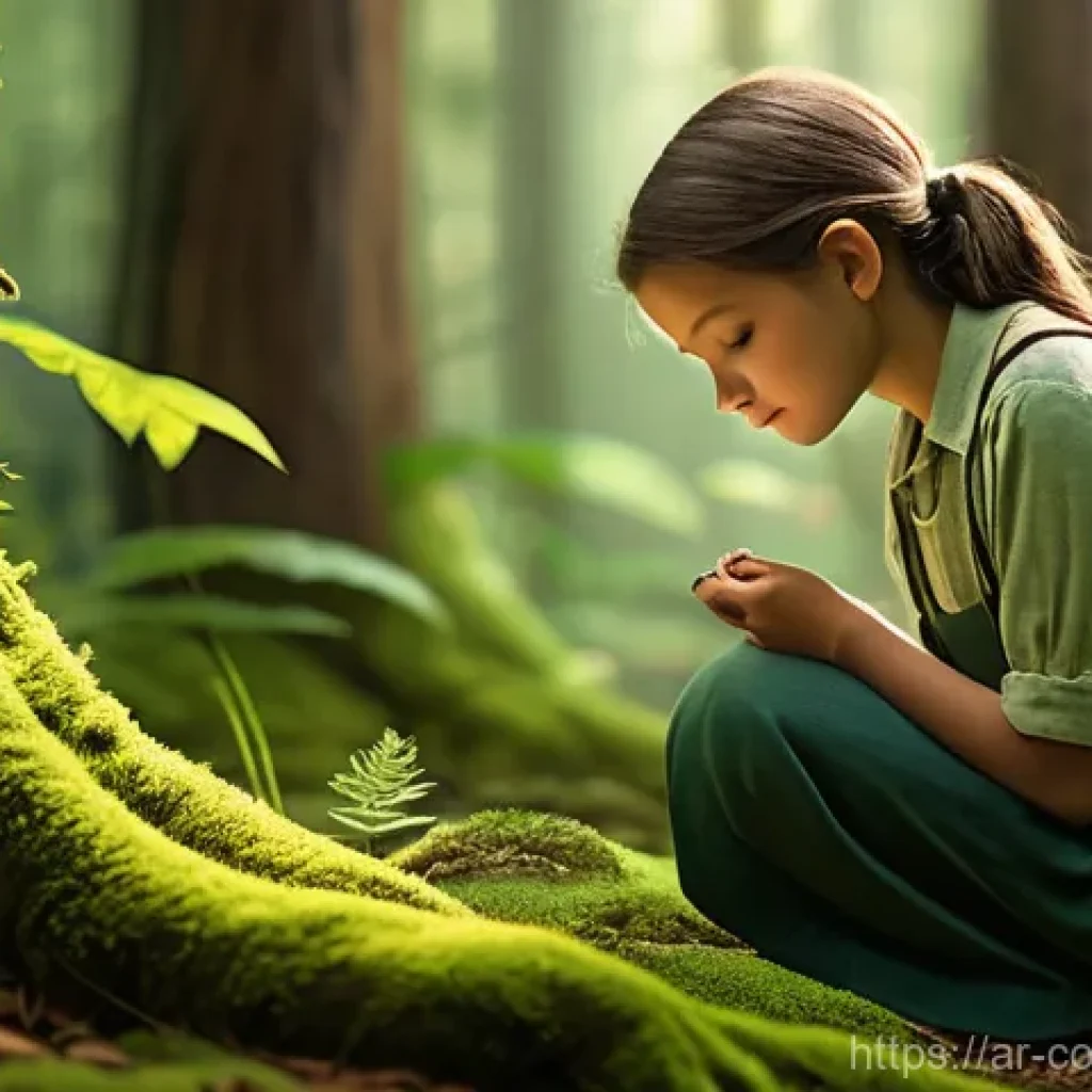 자연 관찰을 통한 학습법 - **Prompt 1: The Silent Teacher**
A serene, sun-dappled forest scene. A young person, perhaps a t...