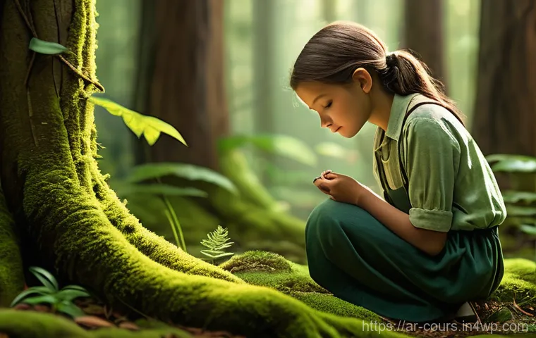 자연 관찰을 통한 학습법 - **Prompt 1: The Silent Teacher**
A serene, sun-dappled forest scene. A young person, perhaps a t...