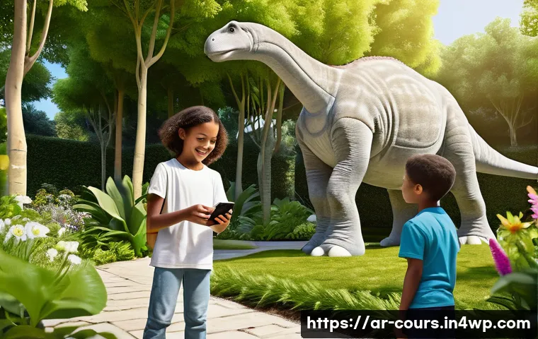 야외 학습을 위한 교육적 기술 도구 - **Augmented Reality Discovery in a Vibrant Garden**
A group of diverse children, aged 8-12, are ...