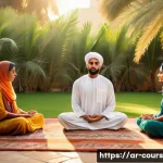 Home 21 야외 활동을 통한 감정 교육 - A serene outdoor scene capturing a diverse group of Arab family members engaged in a peaceful medita...