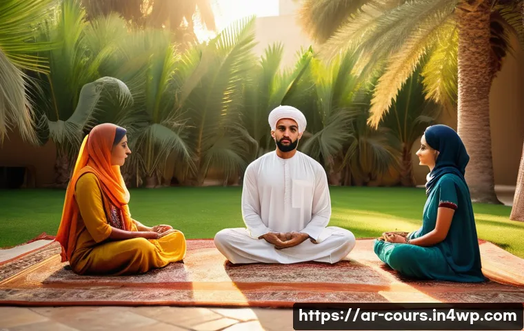 야외 활동을 통한 감정 교육 - A serene outdoor scene capturing a diverse group of Arab family members engaged in a peaceful medita...
