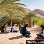 Home 20 야외 학습에서의 창의적 문제 해결 - A diverse group of Arab students wearing modest outdoor clothing and light backpacks, attentively ob...
