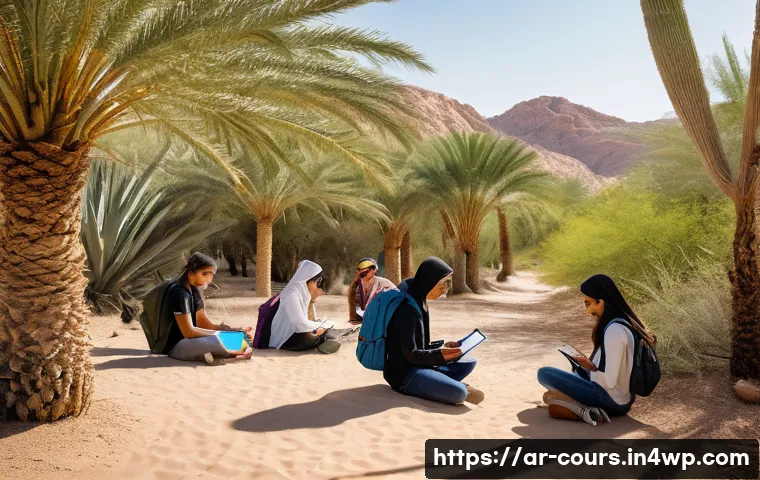 야외 학습에서의 창의적 문제 해결 - A diverse group of Arab students wearing modest outdoor clothing and light backpacks, attentively ob...