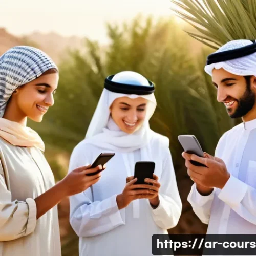Home 31 야외 학습을 위한 교육 기술 활용법 - A group of Arab students outdoors in a lush natural environment, wearing modest casual clothes and c...