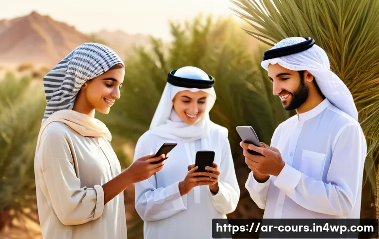 야외 학습을 위한 교육 기술 활용법 - A group of Arab students outdoors in a lush natural environment, wearing modest casual clothes and c...