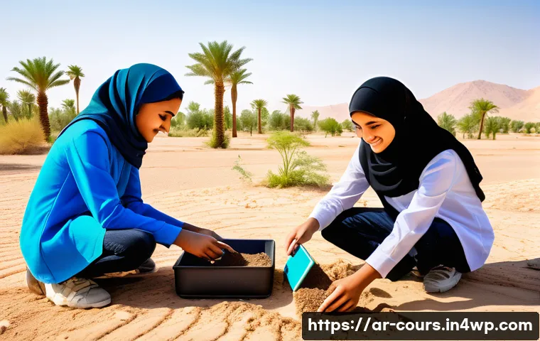 야외 학습과 STEM 교육의 융합 - A group of diverse Arab students wearing casual outdoor clothes and modest attire with some girls we...