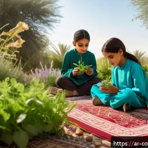 Home 17 야외 학습을 위한 커리큘럼 개발 전략 - A vibrant outdoor classroom scene in a lush Middle Eastern garden during early morning light, featur...