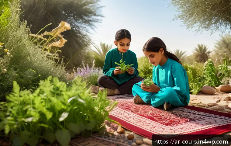 야외 학습을 위한 커리큘럼 개발 전략 - A vibrant outdoor classroom scene in a lush Middle Eastern garden during early morning light, featur...