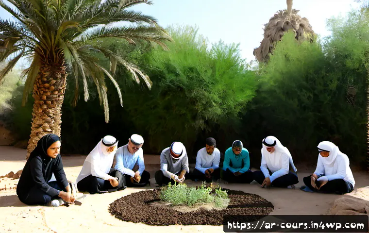 Home 17 야외 학습의 차별화 전략 - Photorealistic outdoor learning workshop in a shaded desert oasis garden, diverse Arab middle-school...
