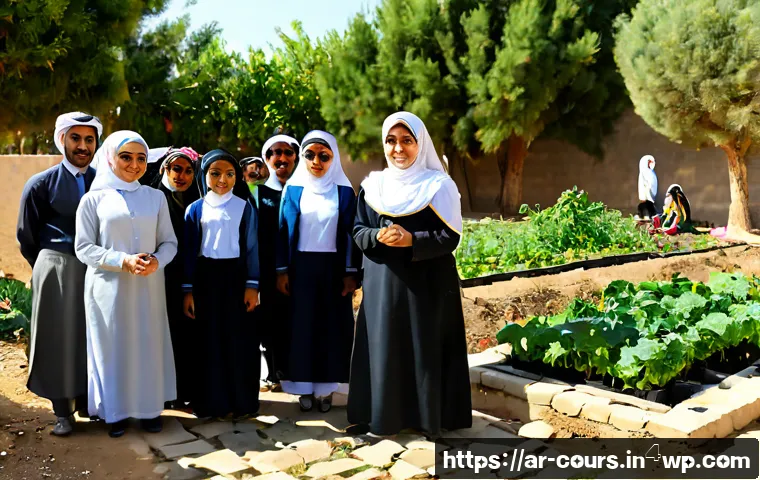 Home 17 야외 학습의 사회적 영향 - Photorealistic outdoor learning session in a sunlit community garden, Arab schoolchildren in modest ...